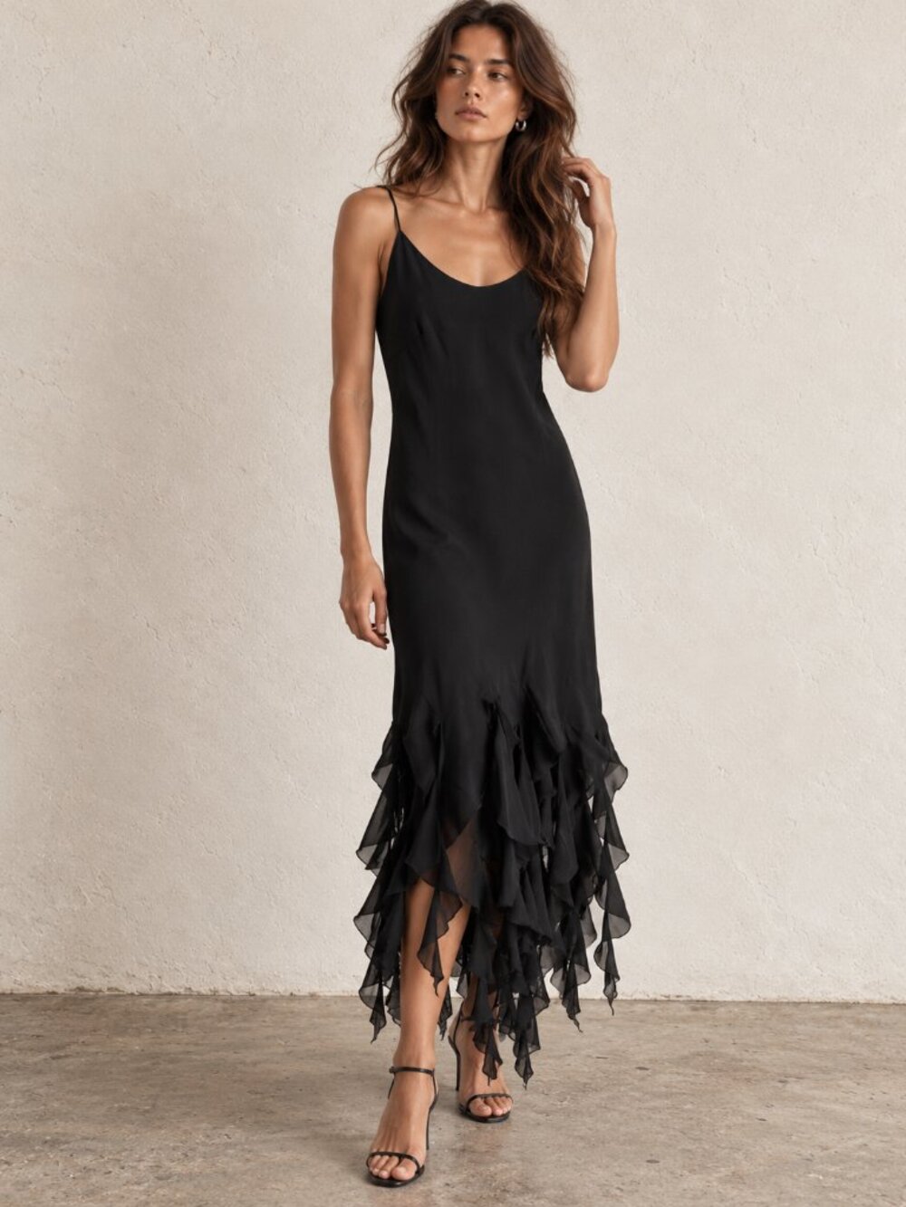 Vintage Black Maxi Slip Dress with Ruffle Hem - s/m